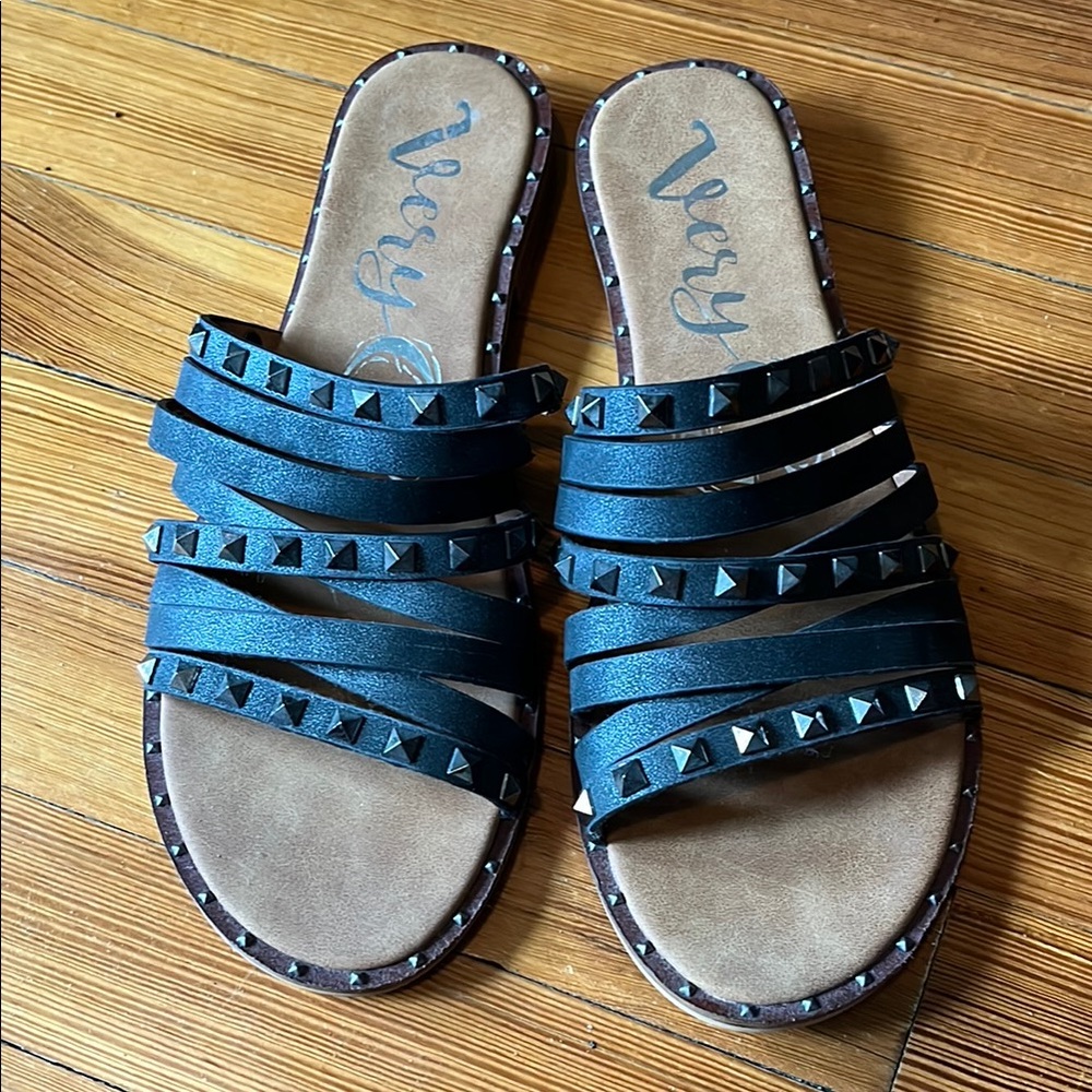 Very G Black Studded Multi-Strap Slide Sandals